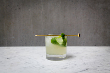 A pale green coloured cocktail with a lime wedge garnish in a short glass. There is a brass swizzle stick resting across the glass. The cocktail is placed on white marble and is set against a dark concrete wall.